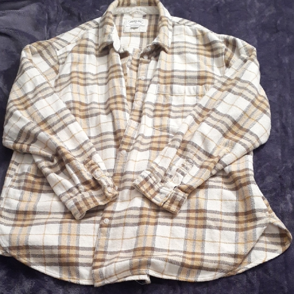 American Eagle Outfitters Cream and Brown Casual Button Down Shirt M XL
